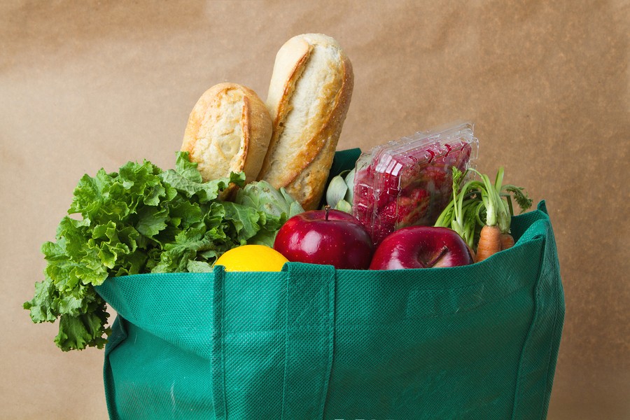 Recycle Reusable Grocery Bag With Fruit And Vegetables.